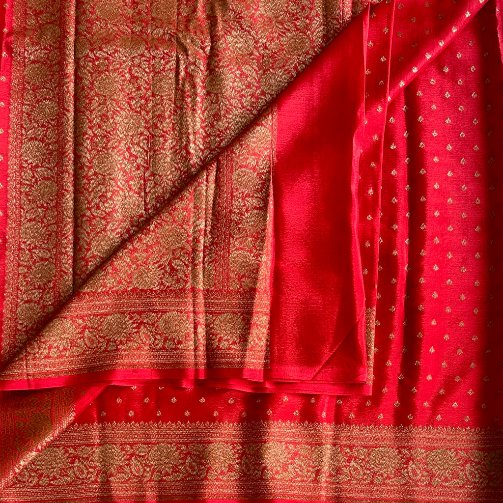 Crimson Silk Saree Gold Brocade Floral Border Bridal Wedding
