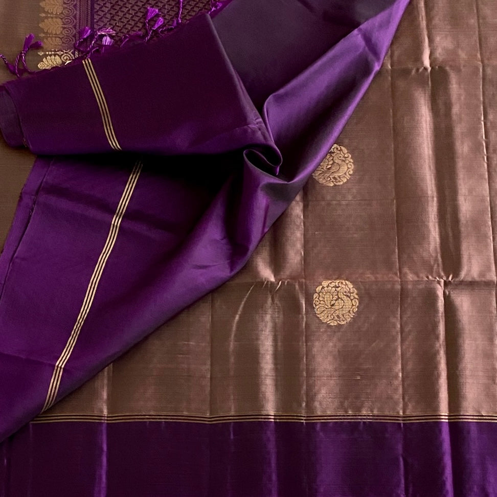Metallic Biscuit Brown Designer Pure Silk With Royal Purple Pallu