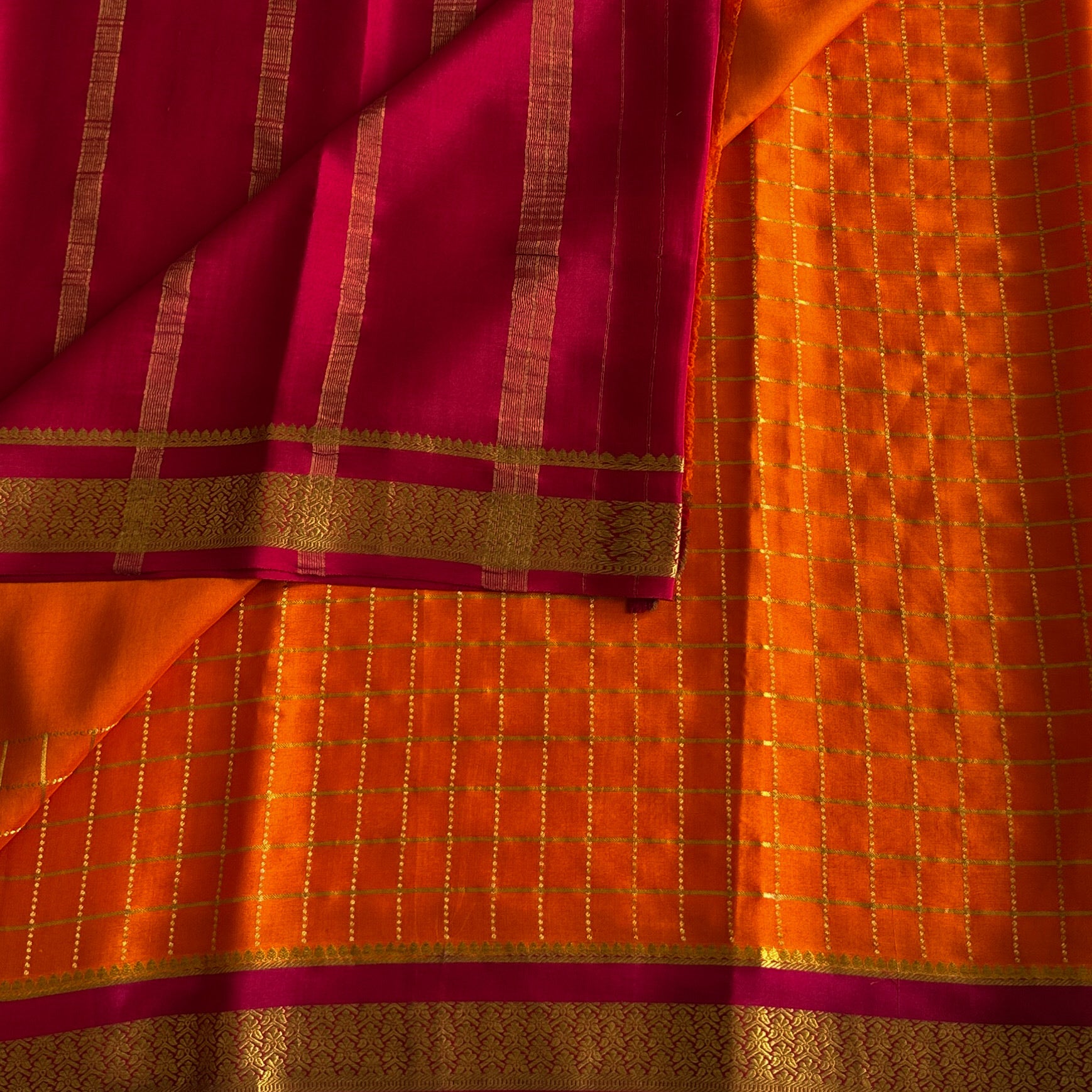 Tangerine Silk Checked Saree With Gold Brocade Magenta Border Traditional
