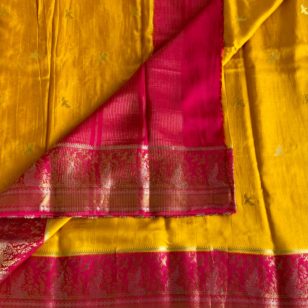 Mustard Yellow Soft Tussar Silk Saree With Rani Pink Pallu