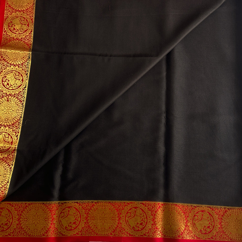 Jet Black Silk Saree Gold Brocade Medallion Border Crimson Edge