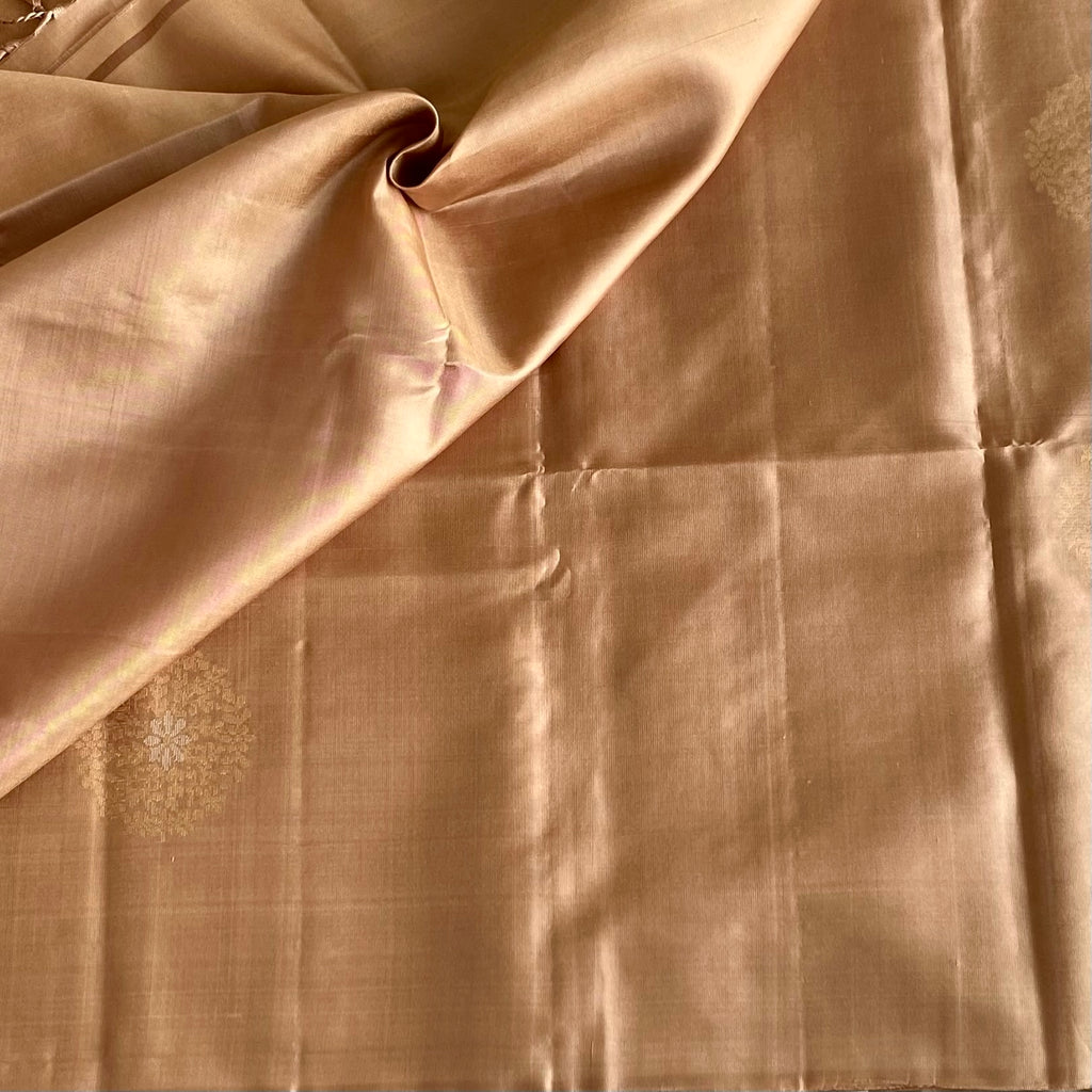 Champagne Designer Pure Silk Saree With Antique Gold Buttas