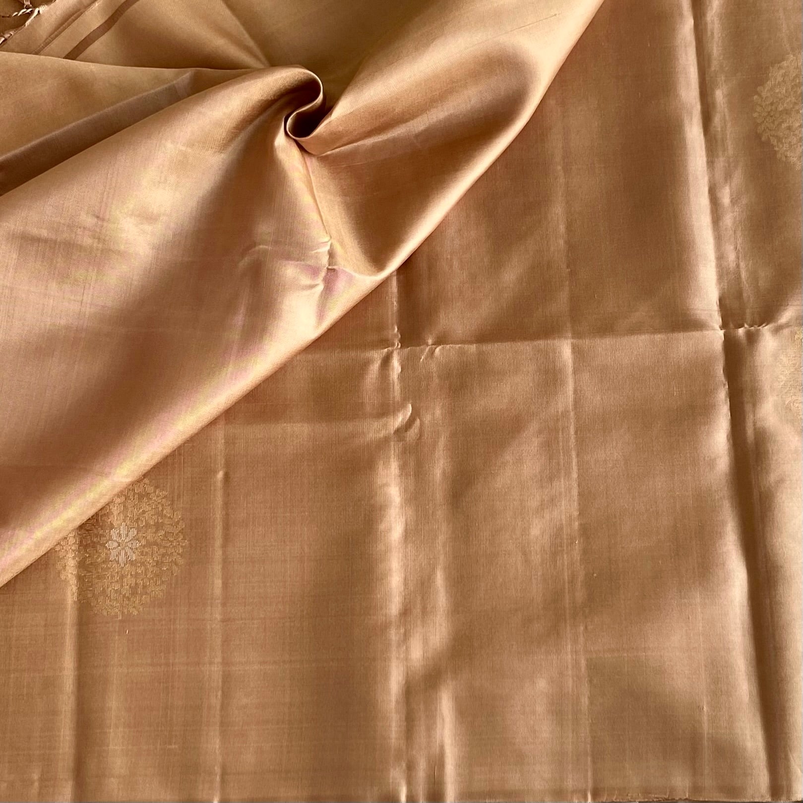 Champagne Designer Pure Silk Saree With Antique Gold Buttas