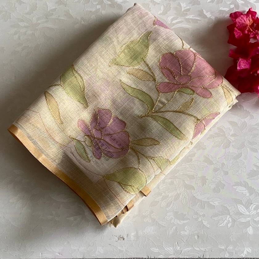 Dreamy Beige Soft Linen Embroidered Beauty Saree With Dusty Rose Floral