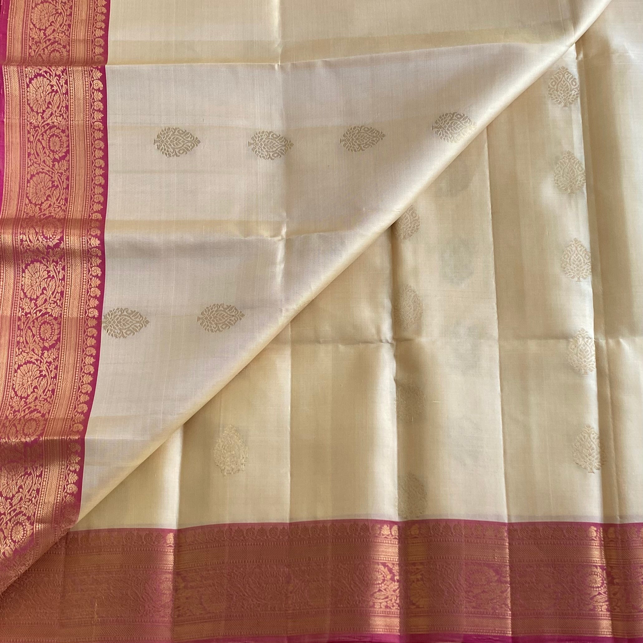 Cream Beige Designer Pure Silk Saree With Rich Rose Pink Pallu