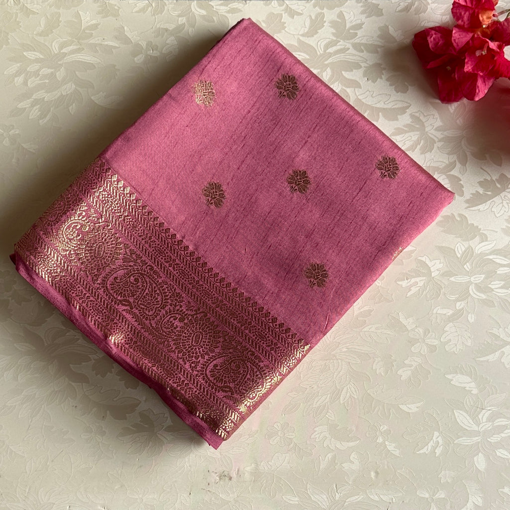 Magenta Silk Saree Gold Butta Striped Zari Pallu Paisley Border