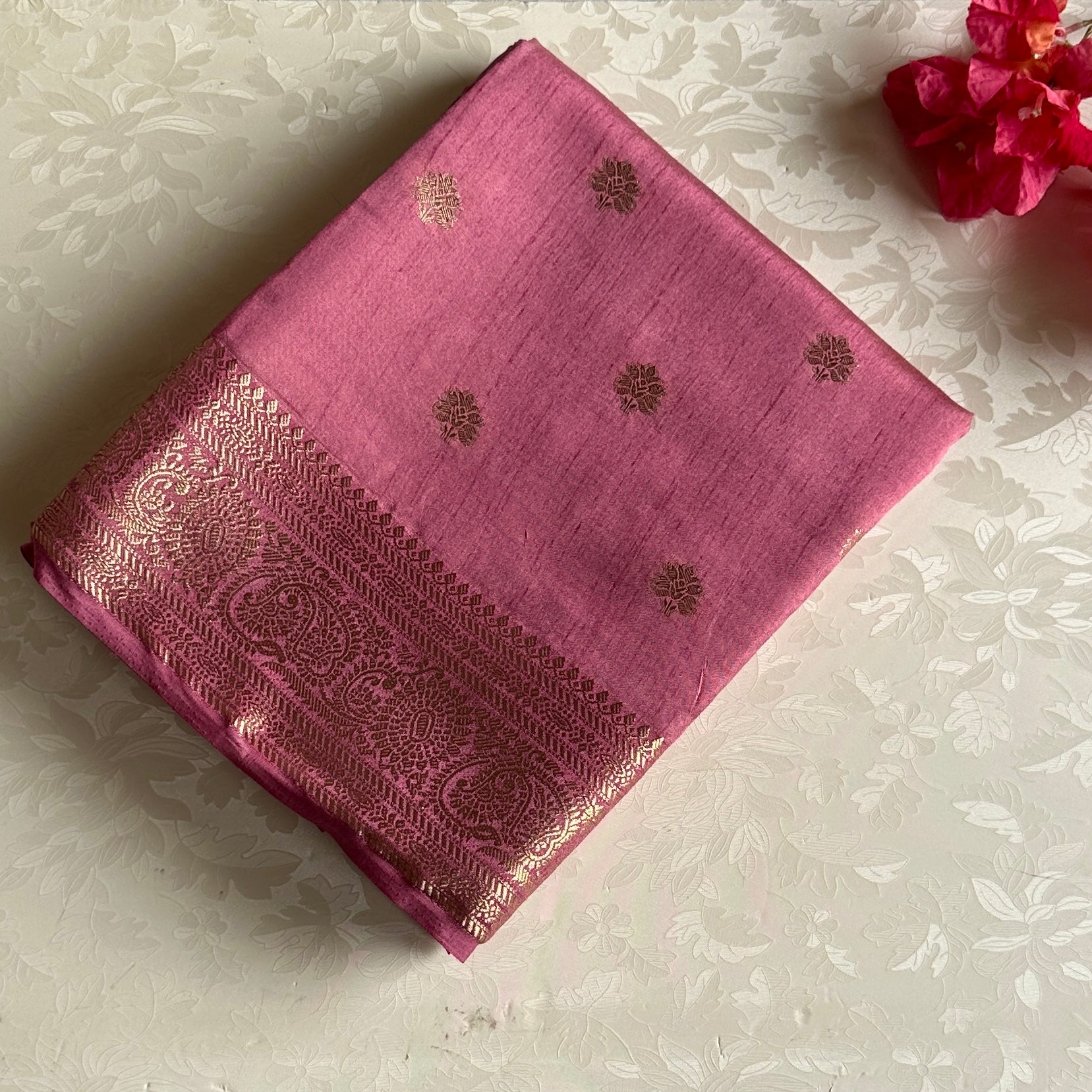 Magenta Silk Saree Gold Butta Striped Zari Pallu Paisley Border