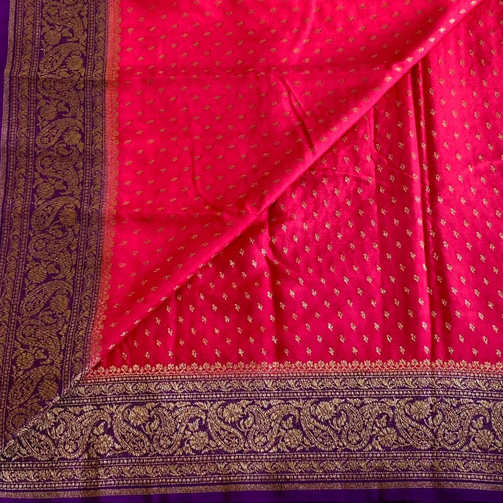 Strawberry Pink Banarasi Crepe Silk Saree With Royal Purple  Panel