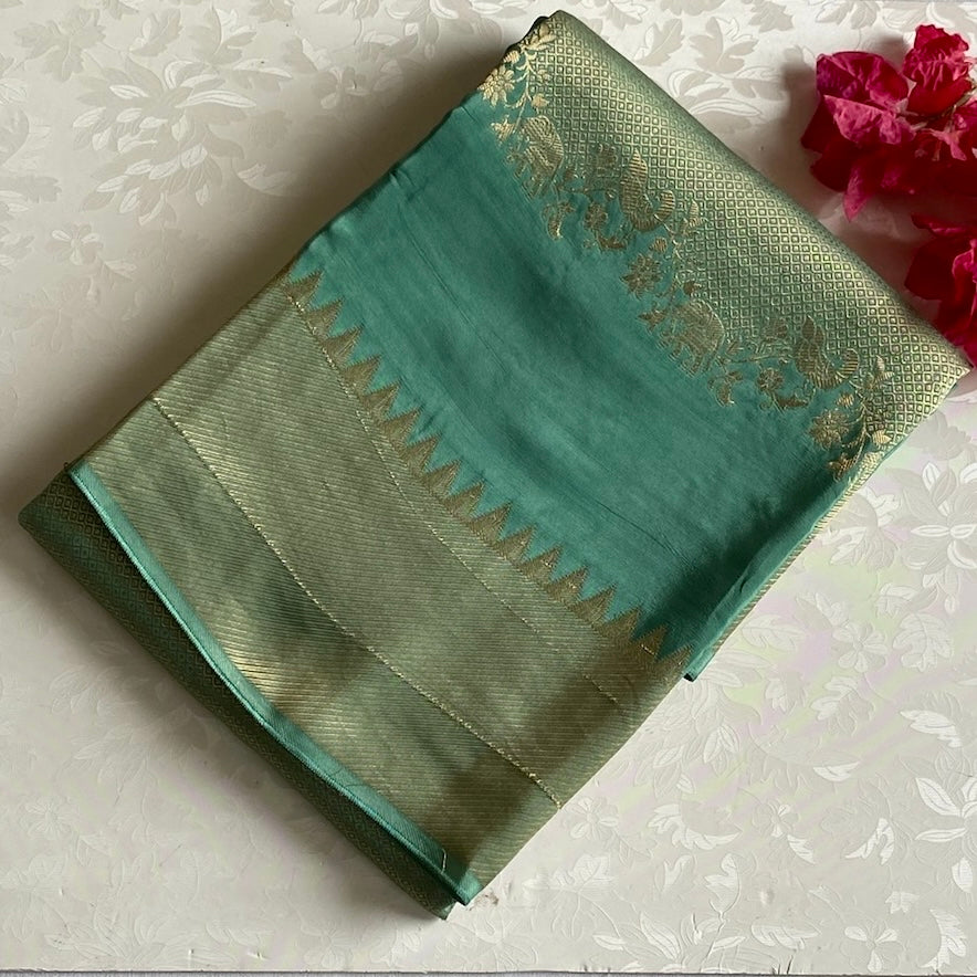 Persian Green With Rosso Red Soft Tussar Silk Saree