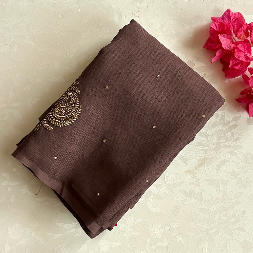 Dusty Plum Embroidered Paisley Saree with Beaded Tassel Gold Zari