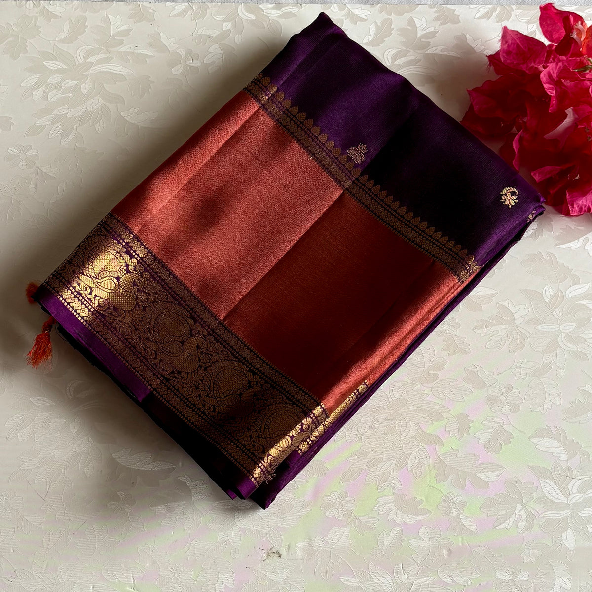 Wine Purple & Rust Orange Designer Pure Silk Saree With Zari Borders