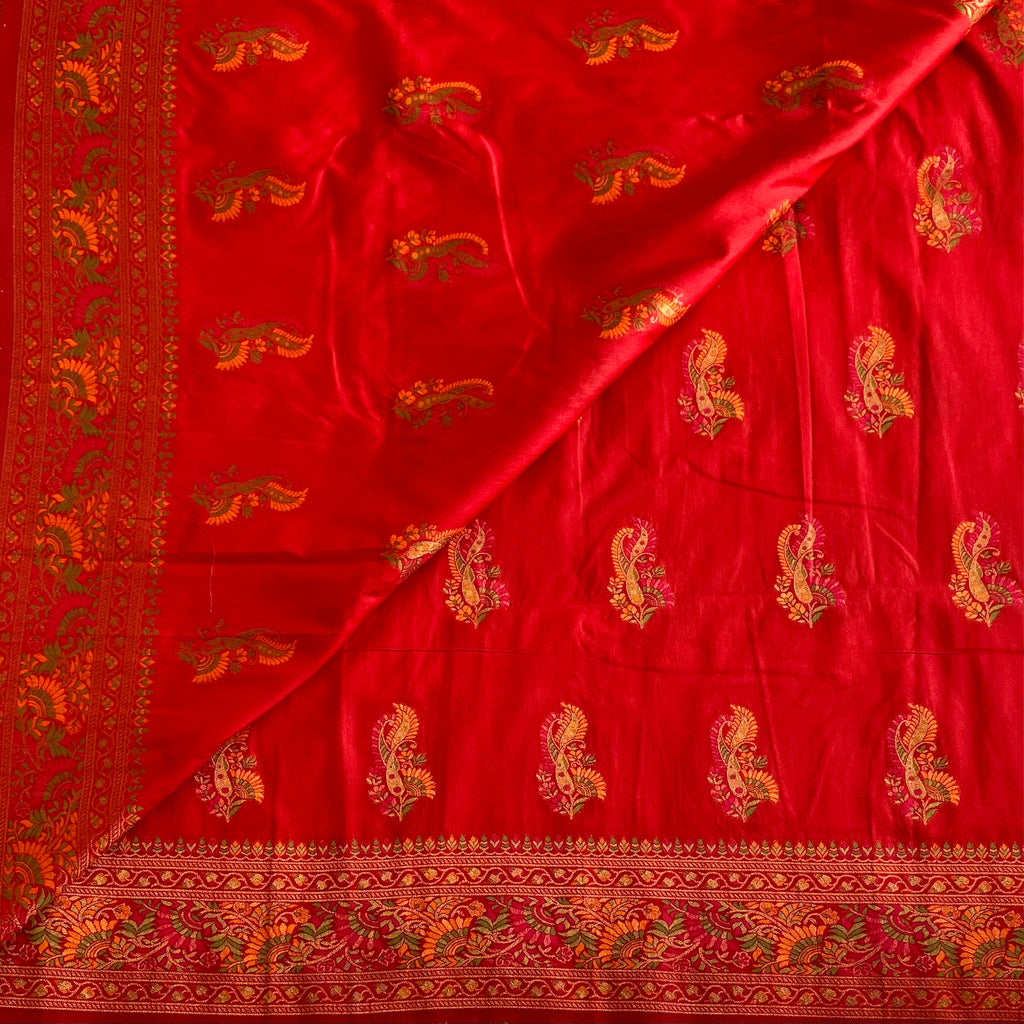Ferrari Red Meenakari Woven (Not Printed) Soft Tussar Silk Saree With Meenakari Pallu