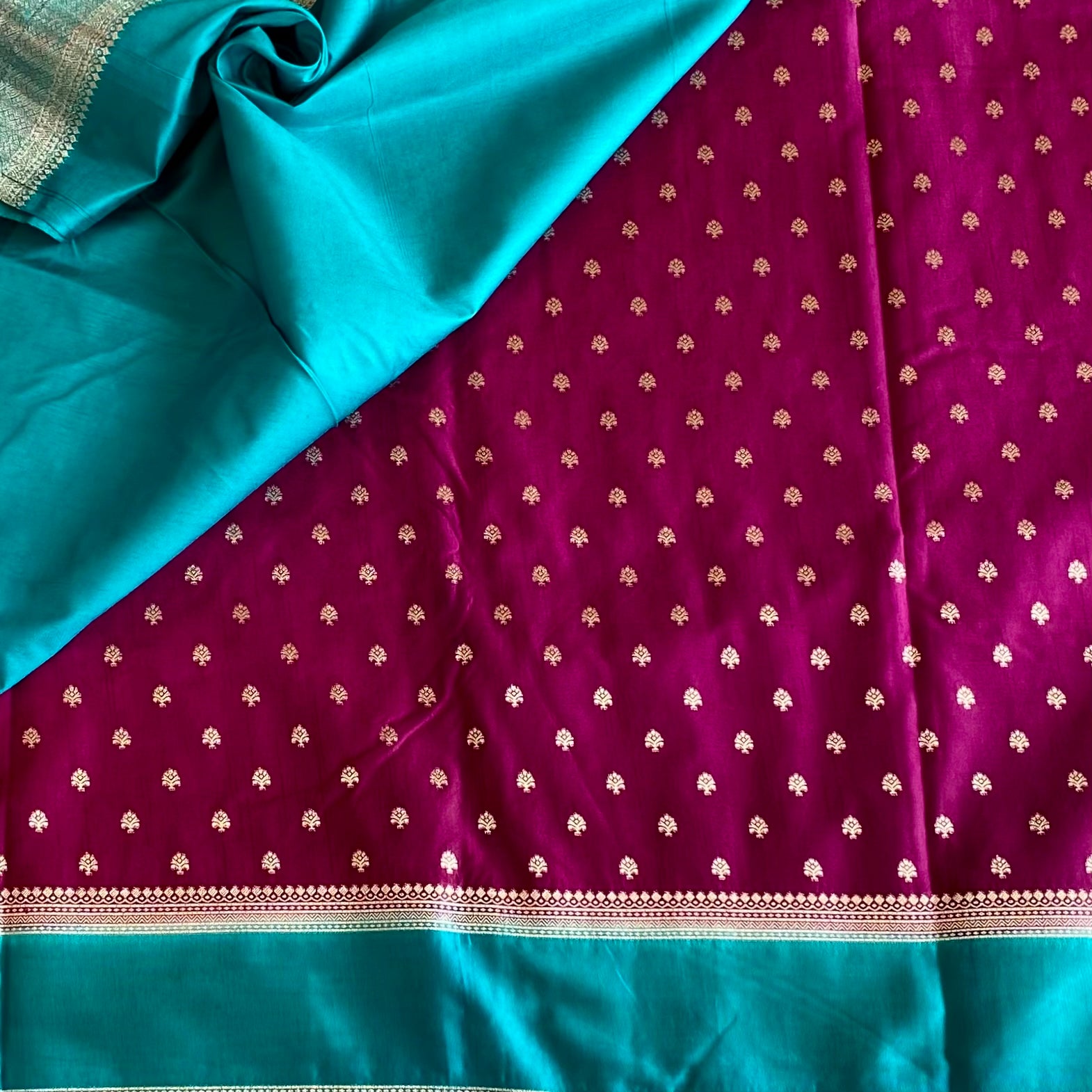 Elegant Magenta Teal Silk Saree Woven Zari Buti Tassel Border