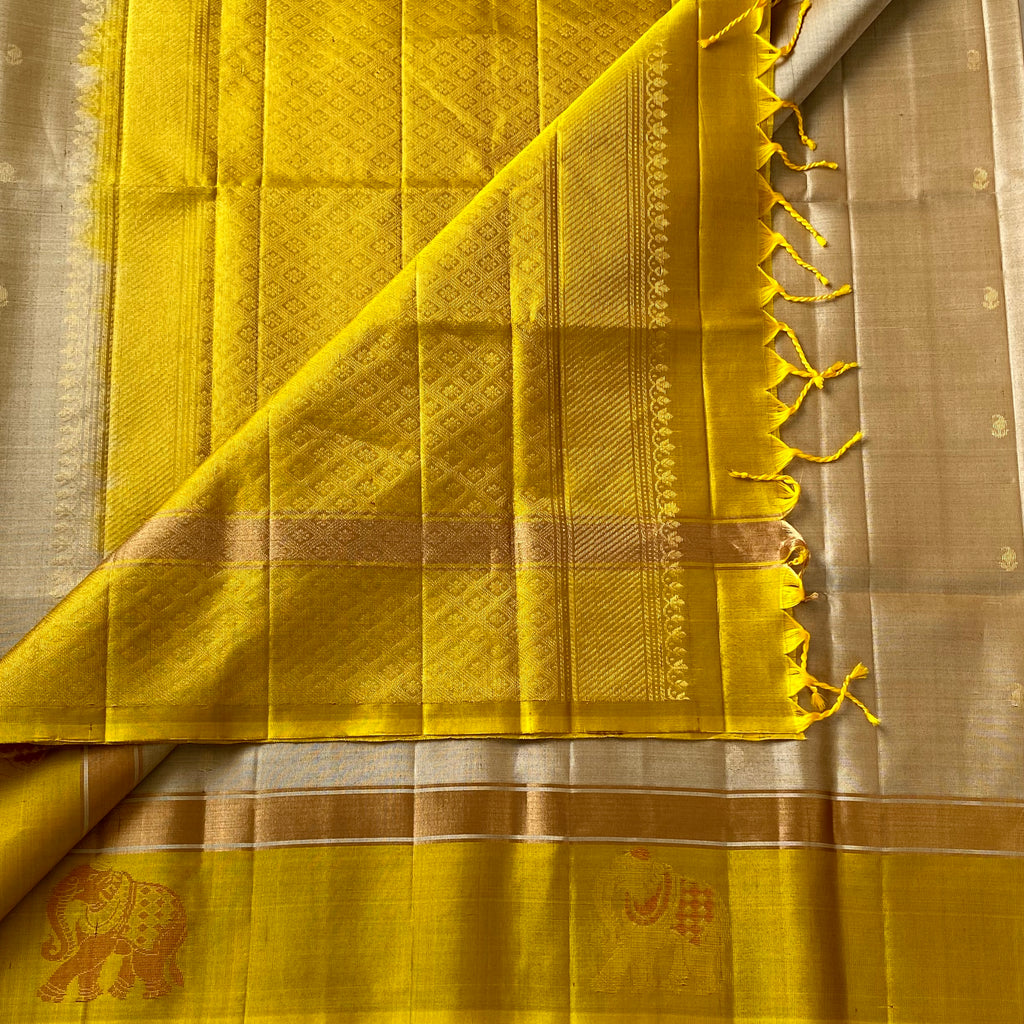 Shades of Beige • mango yellow on Designer pure silk that comes with elephant borders