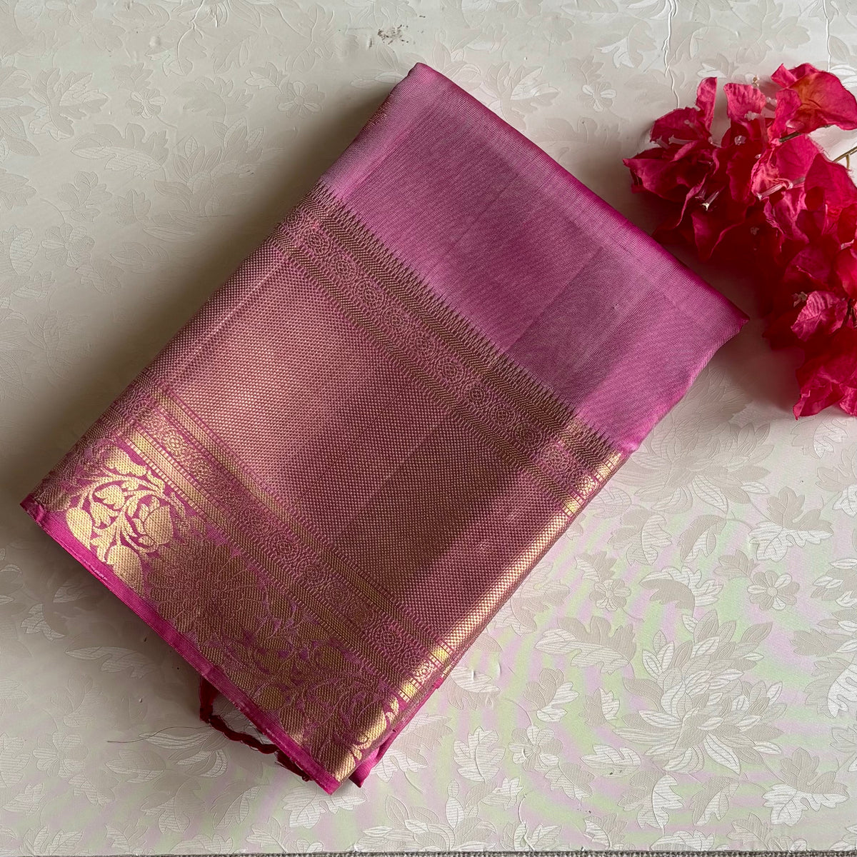 Exquisite Onion Pink Designer Pure Silk Saree With Gold Zari Weave