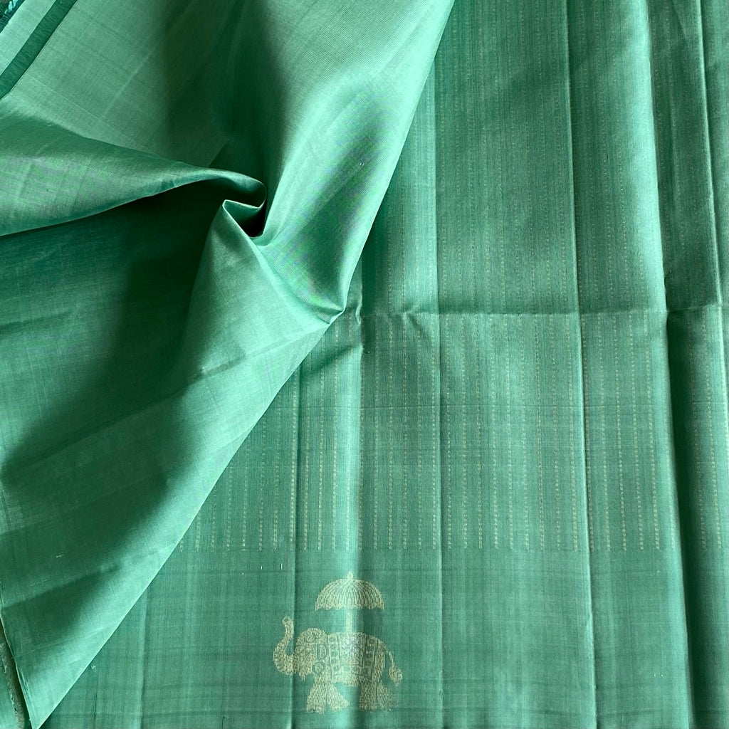 Mint Green Designer Pure Silk Saree With Elephant Zari Diamond Pallu