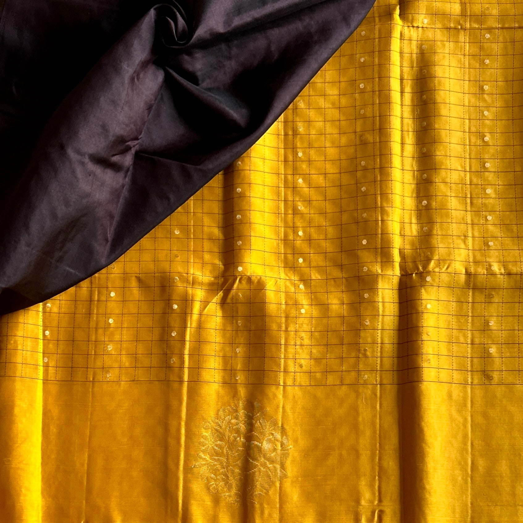 Mustard Silk Saree with Brown Zari Pallu Floral Medallion Design
