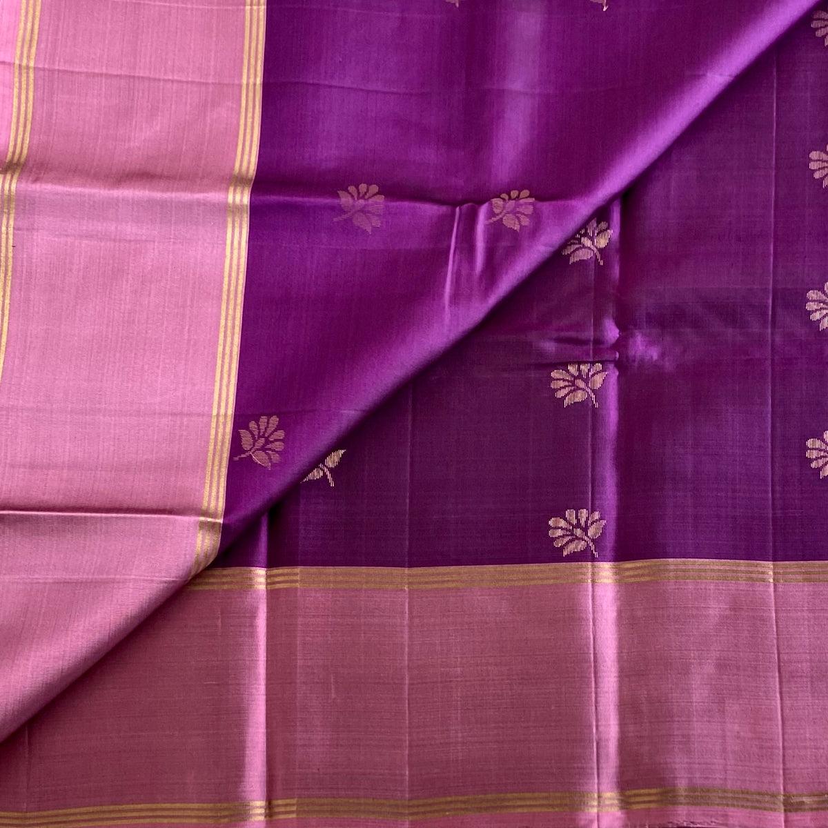 Plum Purple Designer Pure Silk Saree Dusty Rose Pallu Gold Zari Border