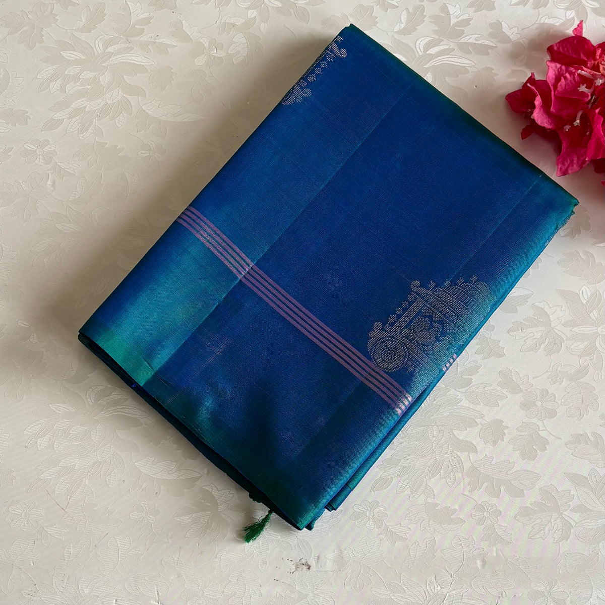 Dual Shaded Peacock Bluish Green Designer Pure Silk Saree