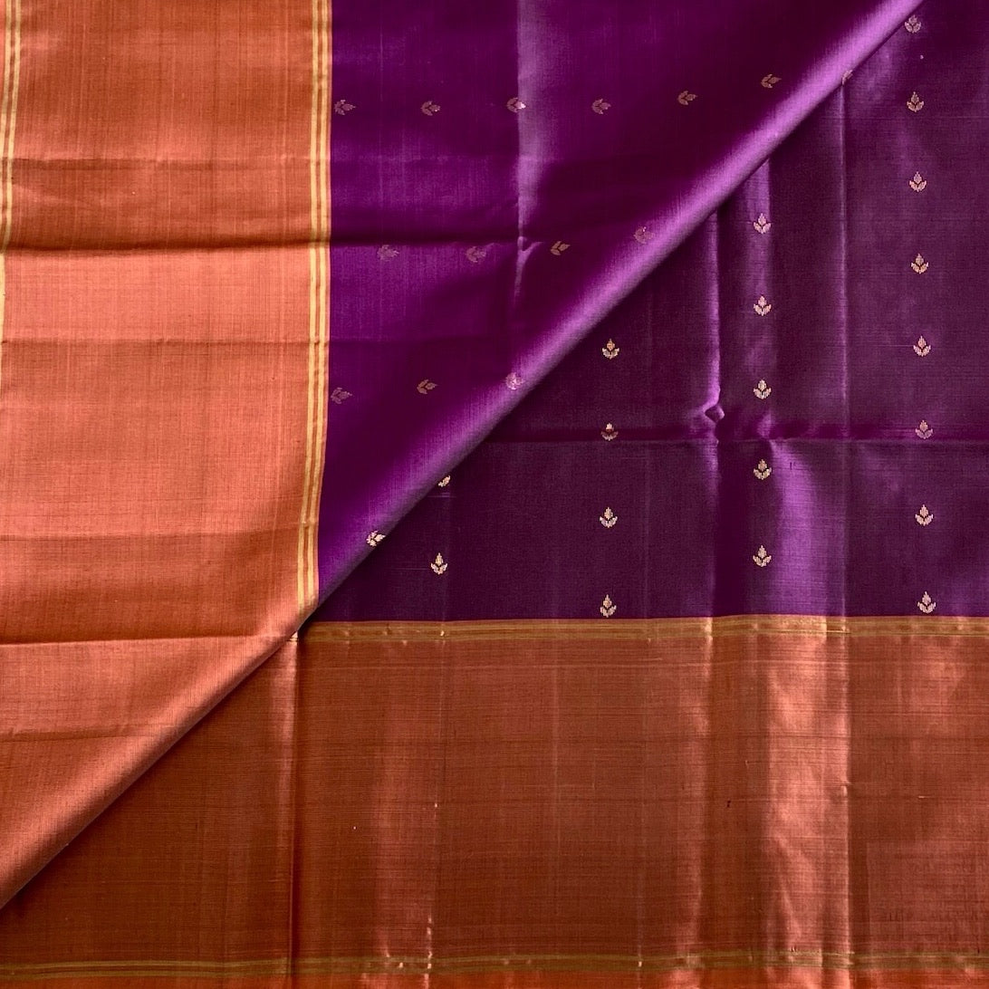 Burnt Orange Designer Pure Silk Saree With Deep Purple Pallu
