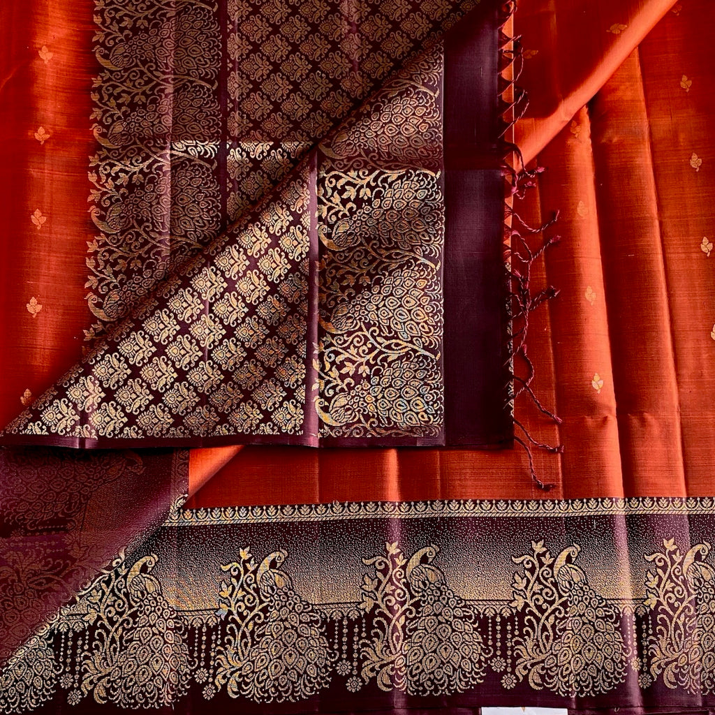 Burnt Orange Designer Pure Silk Saree With Deep Maroon Pallu