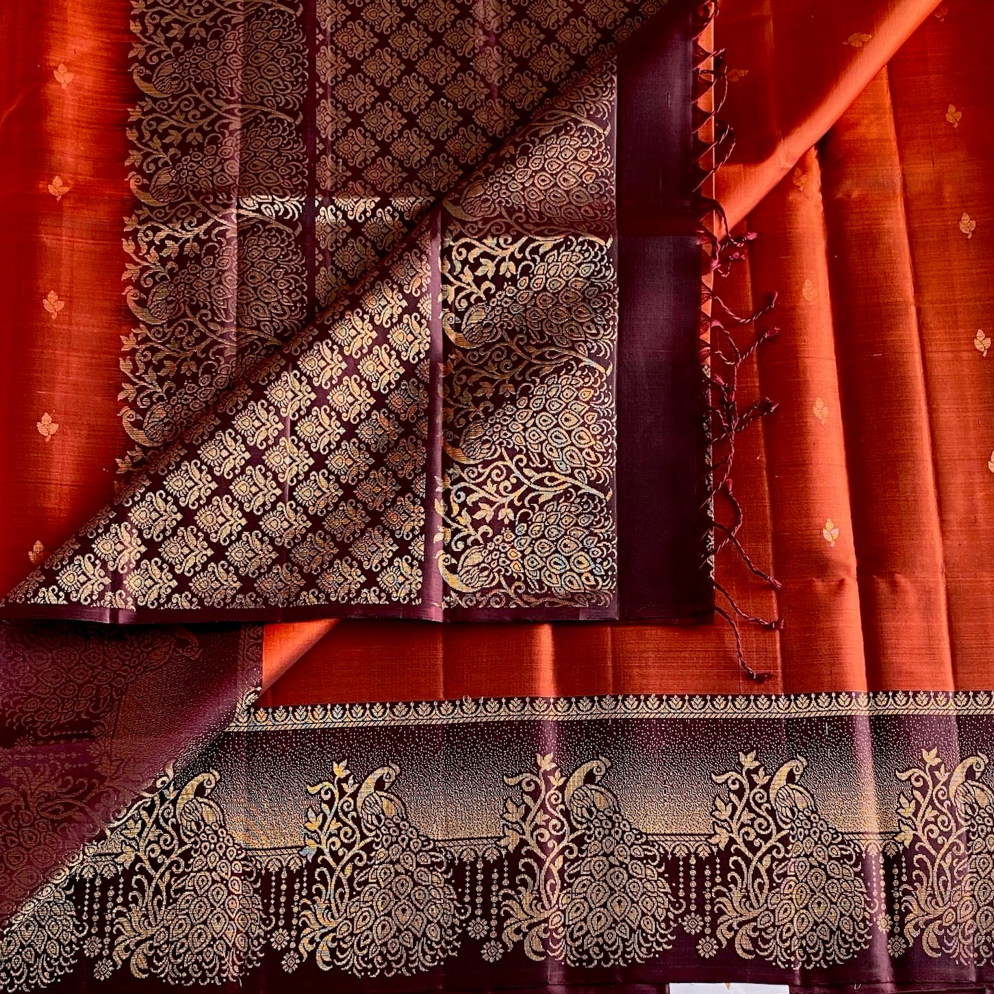 Burnt Orange Designer Pure Silk Saree With Deep Maroon Pallu