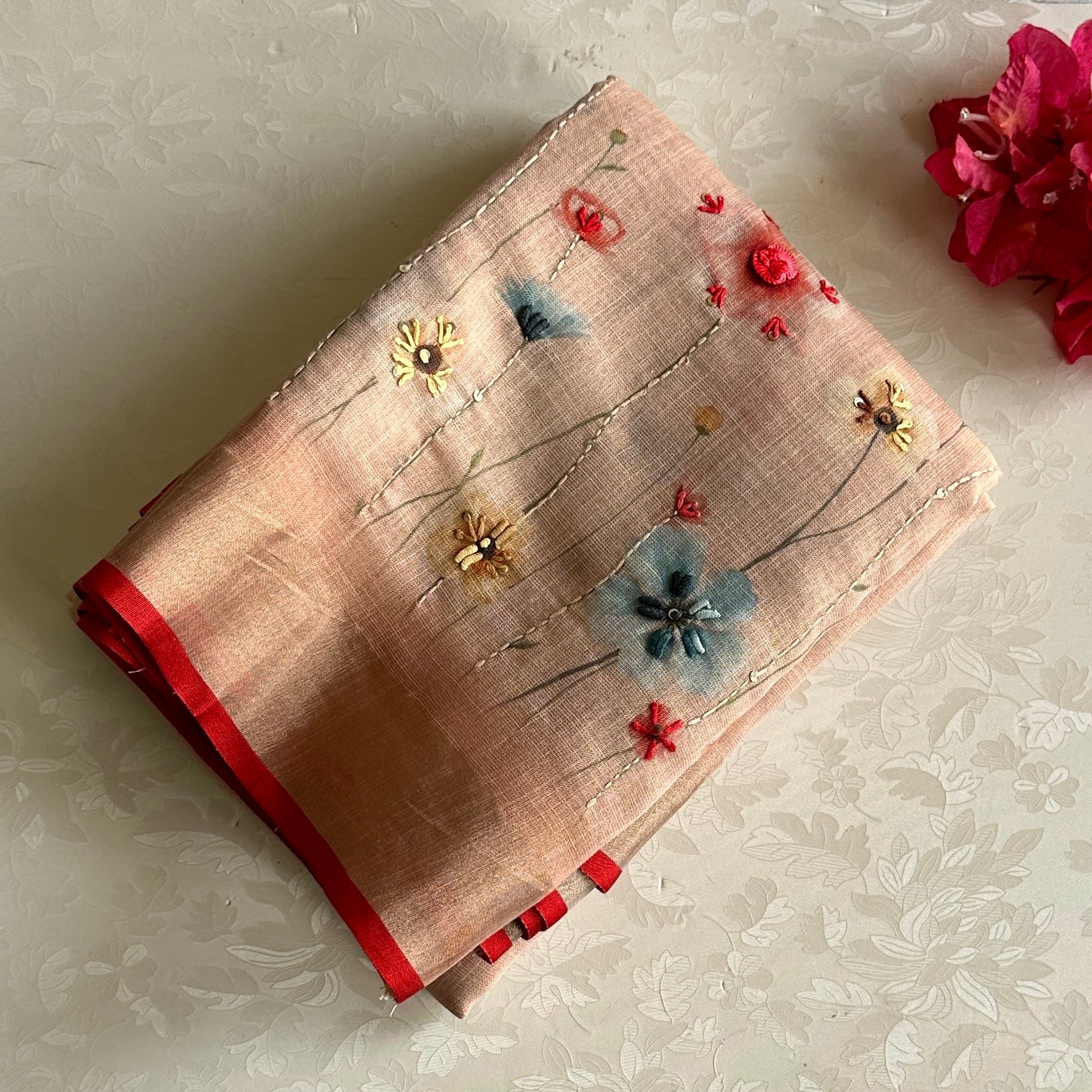 Blush Peach Soft Linen With Scarlet Red Border