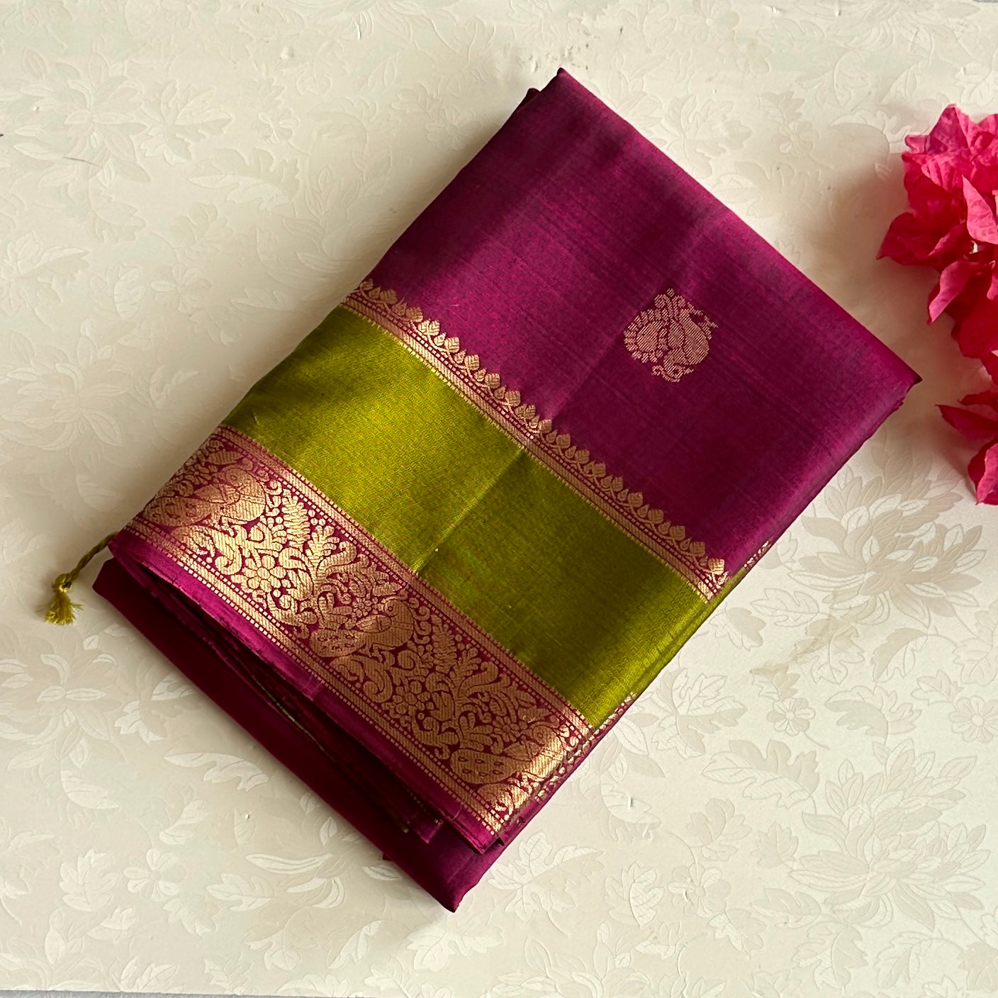 Exclusive Magenta with Olive green Handwoven Pure silk