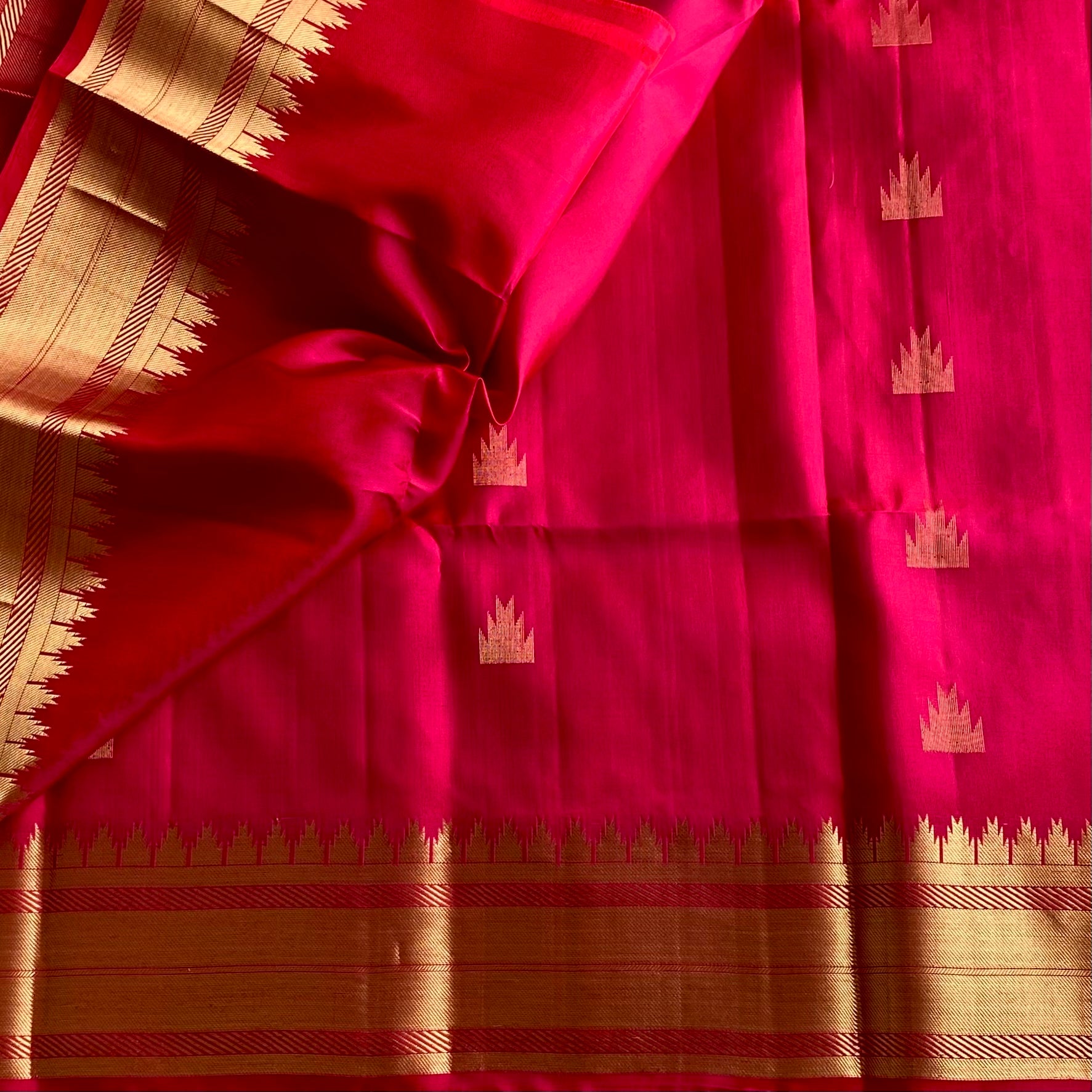 Rani Pink Designer Pure Silk Saree Antique Gold Border Buti Grid