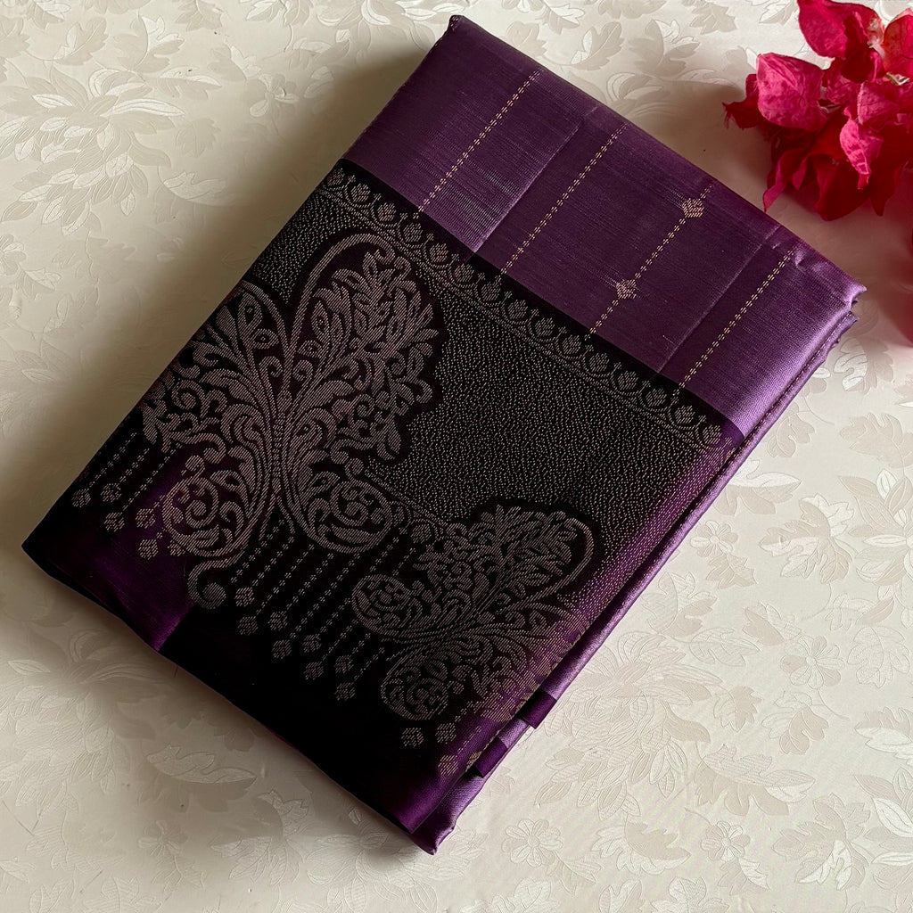 Metallic Lavender Designer Pure Silk Saree With Deep Plum Pallu