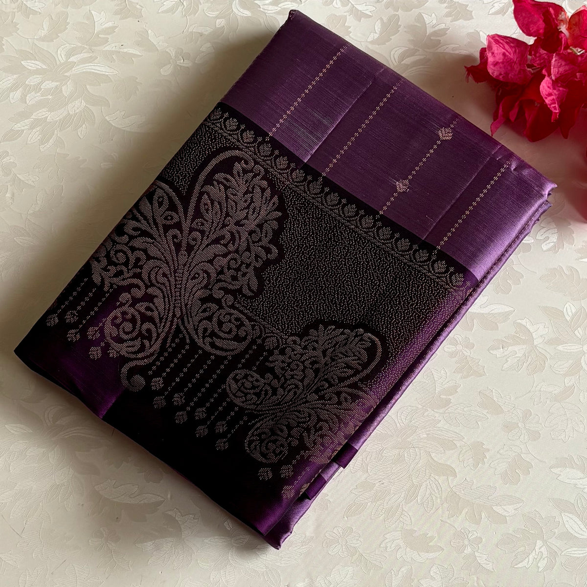 Metallic Lavender Designer Pure Silk Saree With Deep Plum Pallu