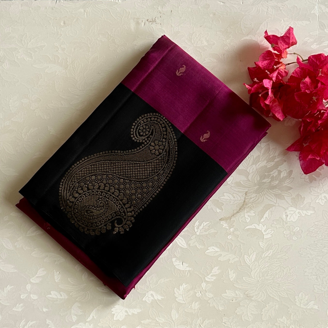 Deep Magenta Designer Pure Silk With Rani Charcoal Black Gold Zari