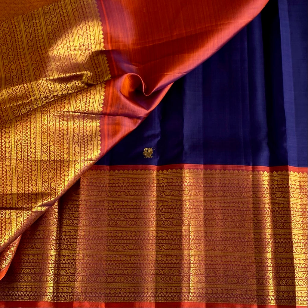 Classic Midnight Blue with Burnt Orange Pure Zari Kanjeevaram Silk