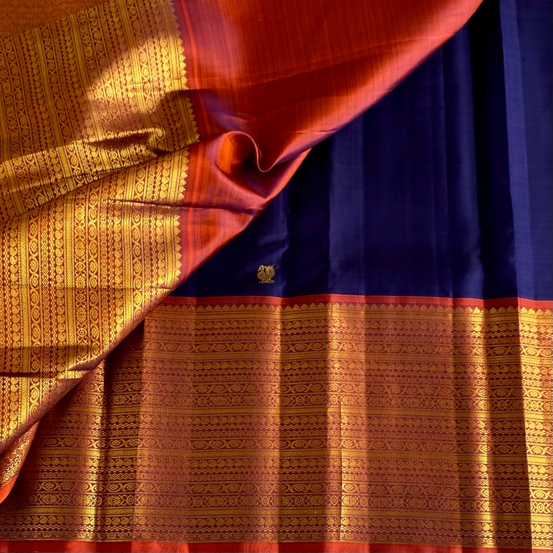 Classic Midnight Blue with Burnt Orange Pure Zari Kanjeevaram Silk
