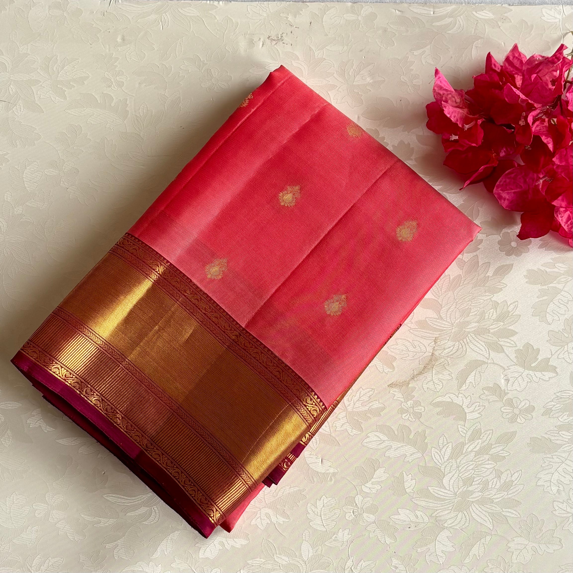 Coral Red Designer Pure Silk Saree With Maroon Pallu Metallic Gold Border