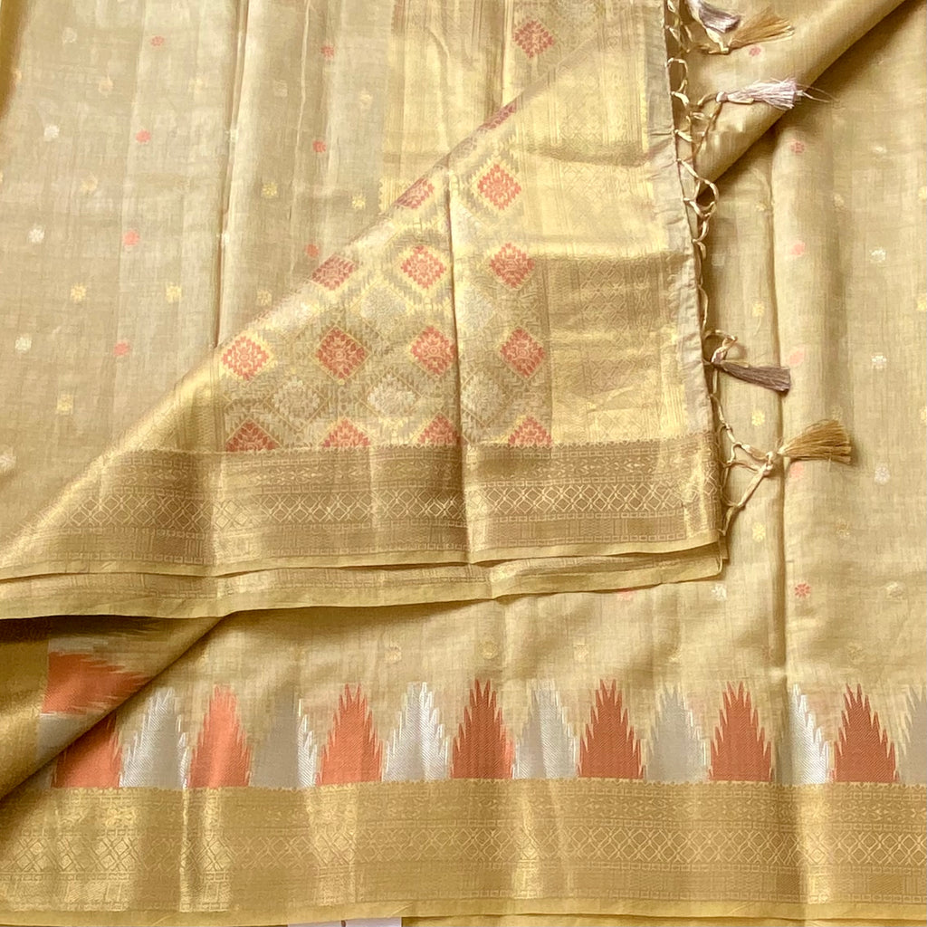 Antique Gold Silk Saree soft tussar silk with temple borders