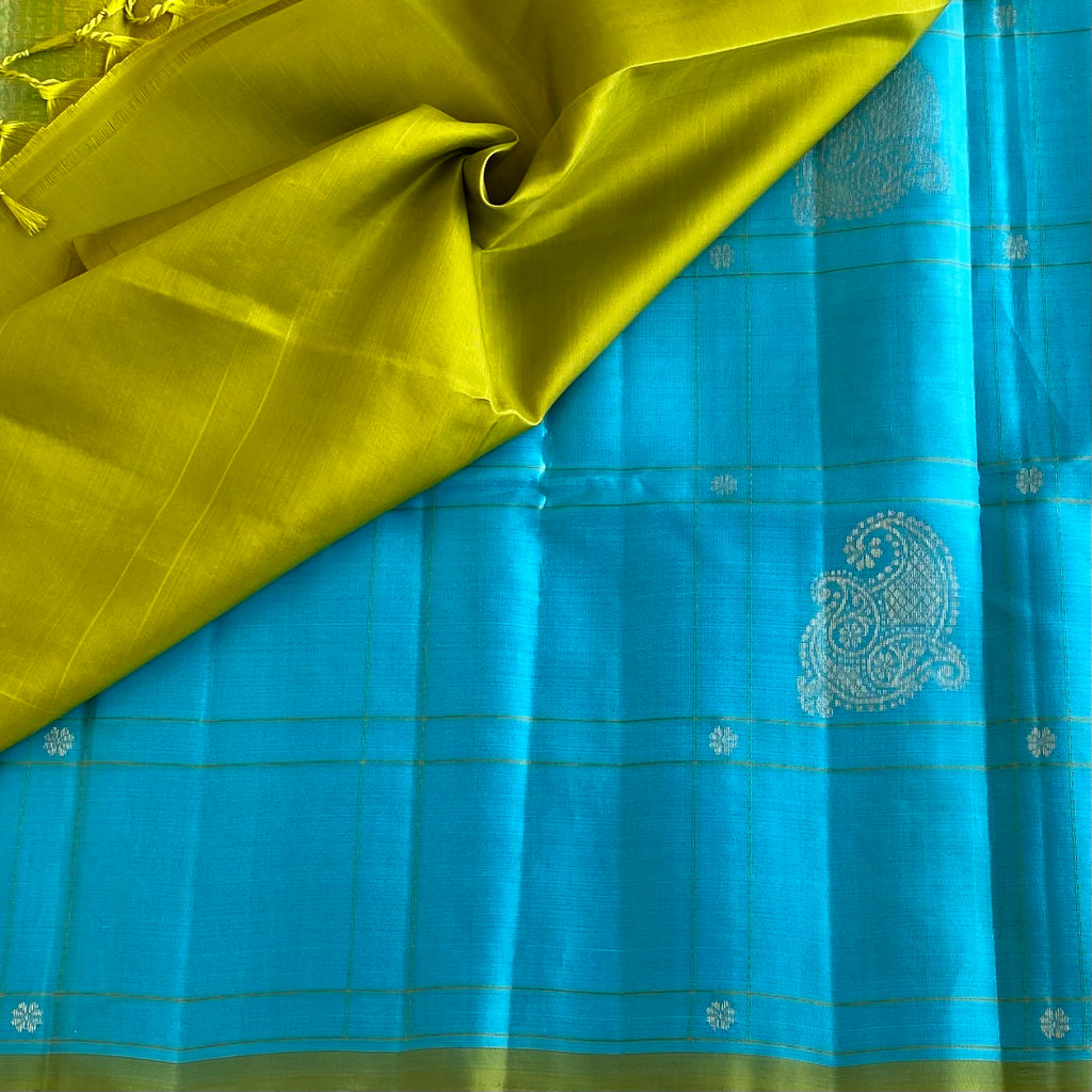 Turquoise Blue Designer Pure Silk Saree With Lime Green Pallu
