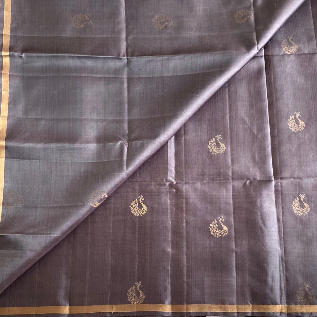 Charcoal Gray Designer Pure Silk Saree With Rani Pink Pallu