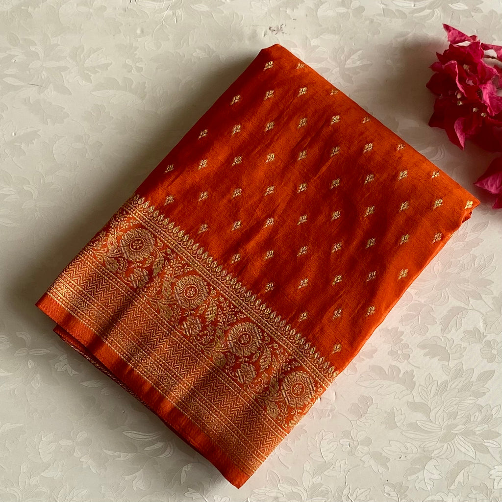 Burnt Orange Soft Crepe Silk Saree With Metallic Gold Zari Pallu