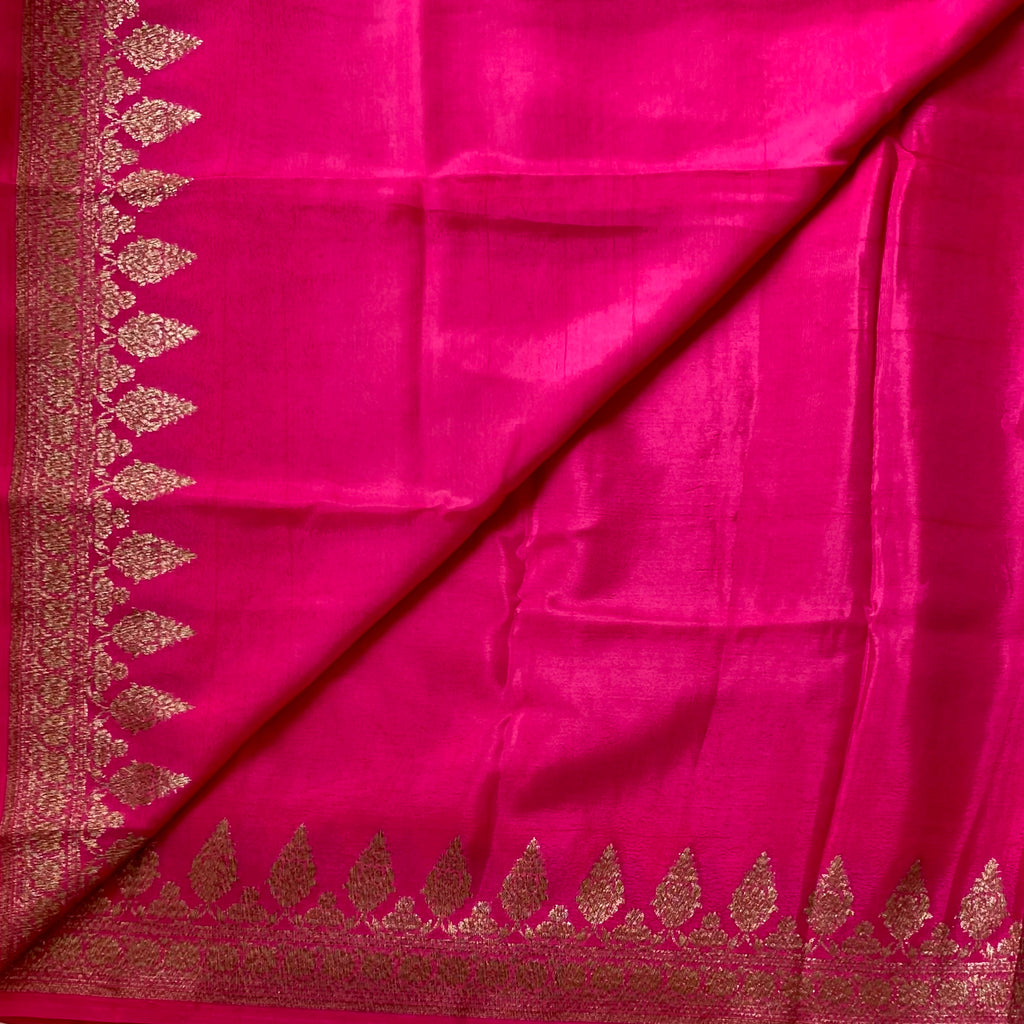Fuchsia Silk Saree Gold Brocade Floral Pallu Paisley Border