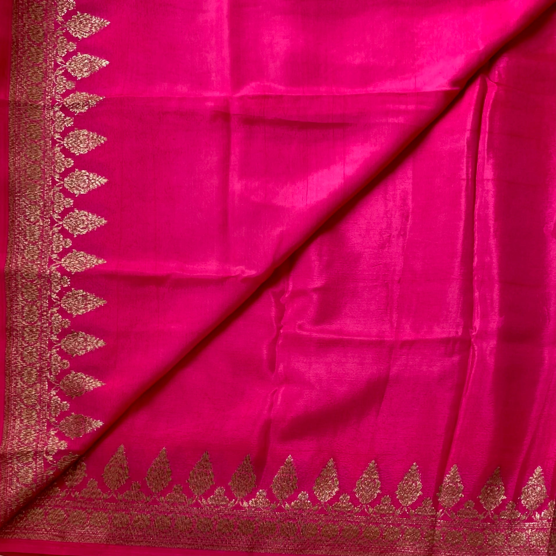 Fuchsia Silk Saree Gold Brocade Floral Pallu Paisley Border