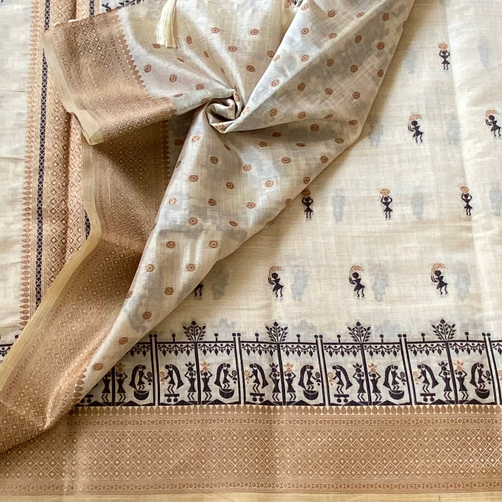 Ivory Handloom Cotton Saree with Tan Border and Folk Prints