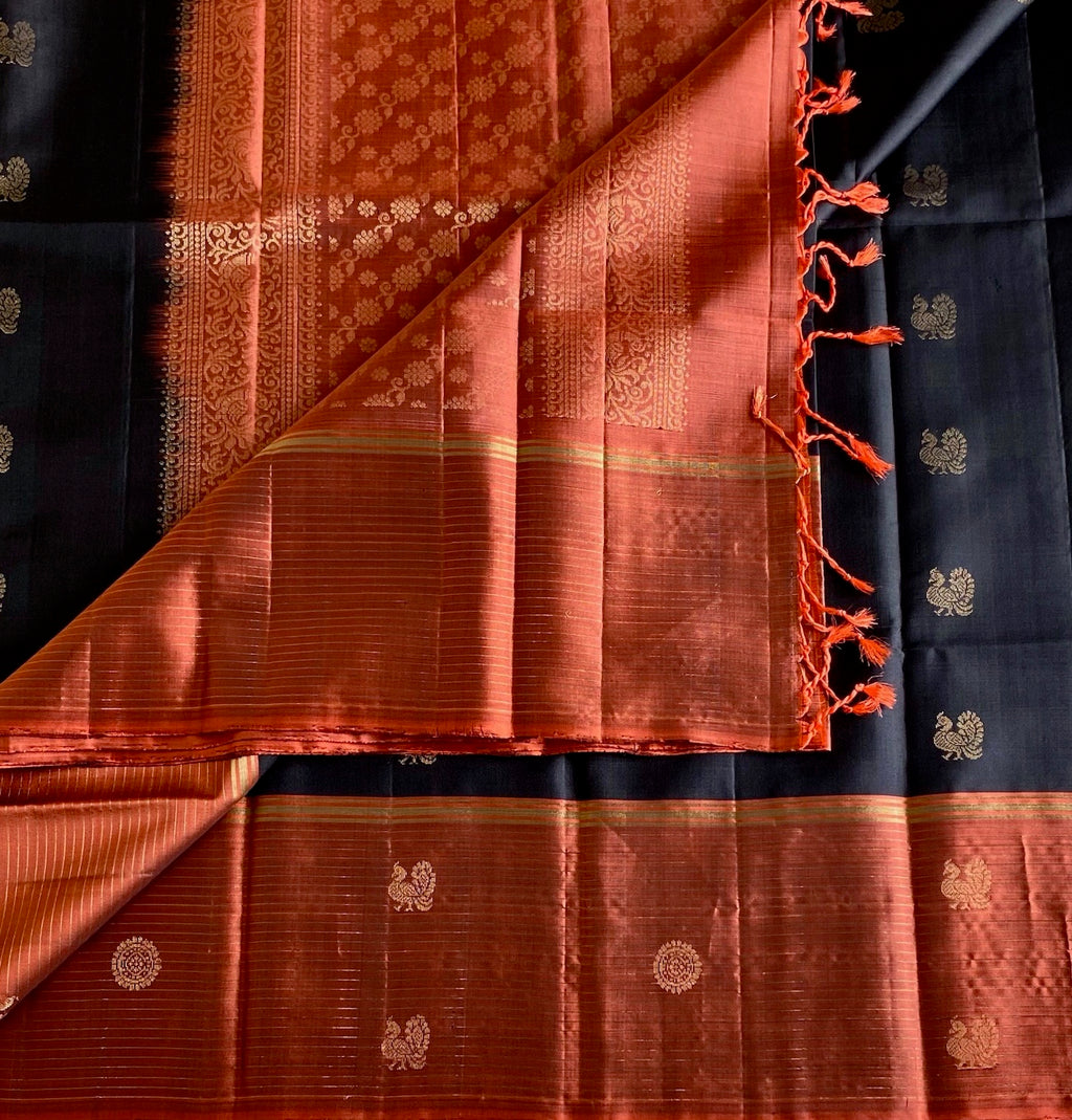Burnt Orange Designer Pure Silk Saree With Jet Black Border