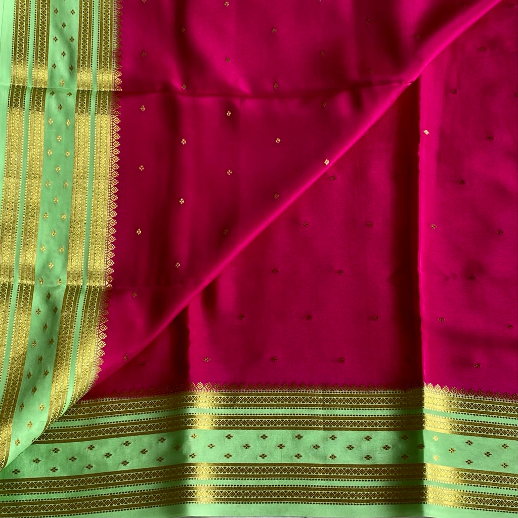 Rani Pink Mysore Crepe Silk Saree With Mint Green Border