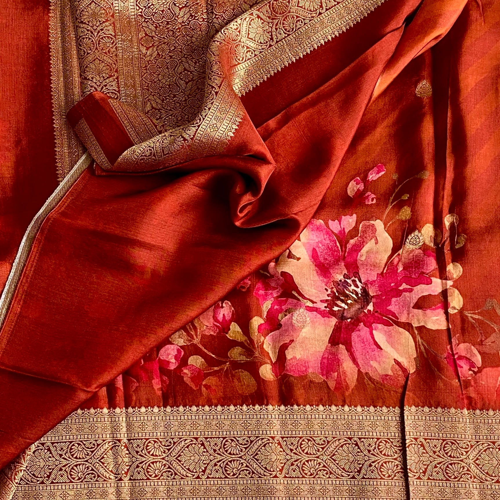 Trending Brick Orange Jute Tussar Silk With Antique Zari Pallu & Dreamy Prints