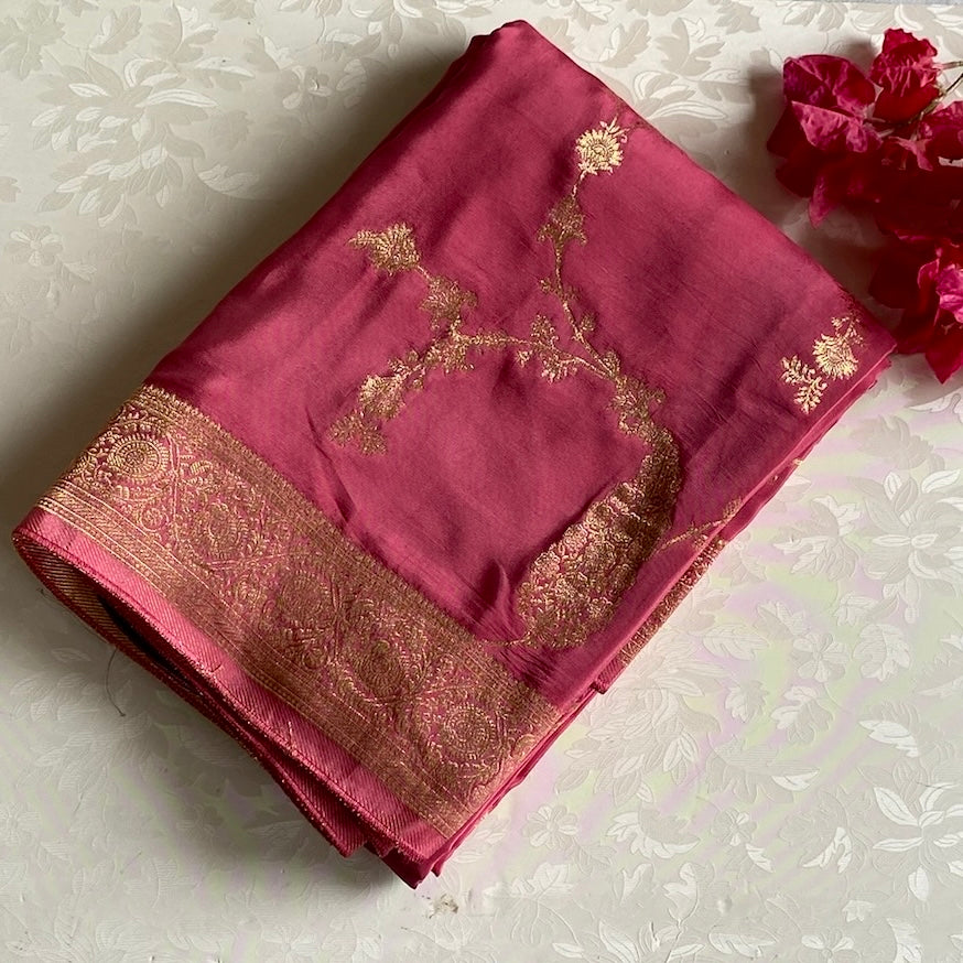 Sorbet Peach Designer Soft Crepe With Rare Brown Blouse