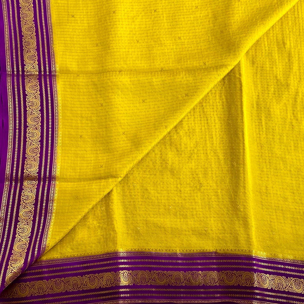 Sunflower Yellow Checketed Mysore Crepe Silk Saree With Royal Purple Pallu