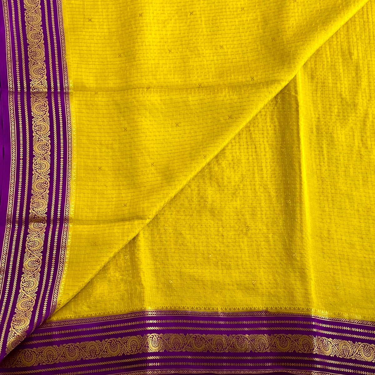 Sunflower Yellow Checketed Mysore Crepe Silk Saree With Royal Purple Pallu