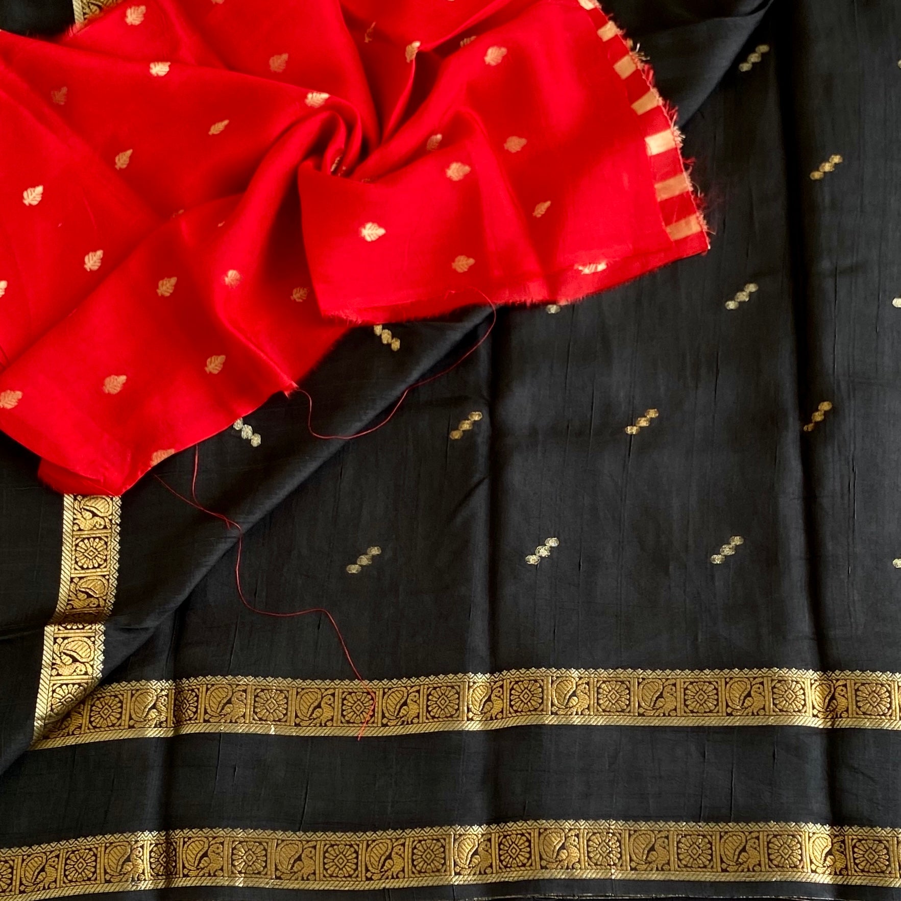 Midnight Blue And Antique Gold Soft Tussar Silk Saree With Striped Pallu