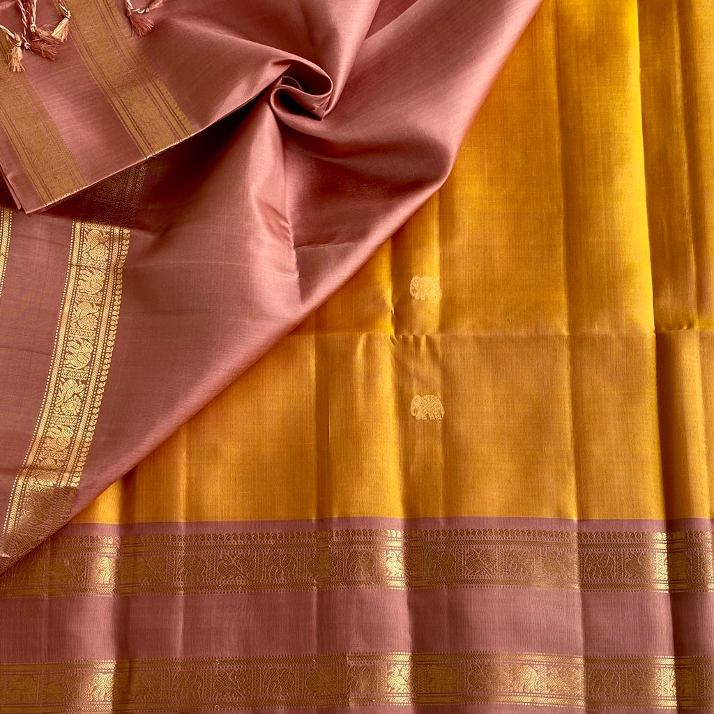 Sunset Yellow & Dusty Rose Designer Pure Silk Saree With Retta Petta Borders